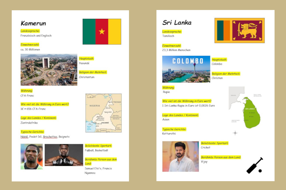 Zwei Plakate stellen die Länder Kamerun und Sri Lanka vor. Sie zeigen Flaggen, Karten, Fotos und kurze Informationen zu Sprache, Hauptstadt, Religion, Währung, Essen und Sport.