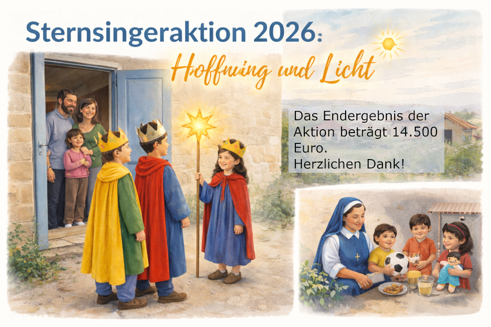 Aquarell-Illustration zur Sternsingeraktion 2026: Drei Sternsinger mit Kronen stehen vor einer geöffneten Haustür und bringen den Segen zu einer Familie. Ein Mädchen trägt den leuchtenden Stern. Rechts im Bild ist eine Szene aus Albanien zu sehen, in der eine Ordensschwester mit Kindern zusammen sitzt. Überschrift: „Sternsingeraktion 2026 – Hoffnung und Licht für Kinder in Albanien“.