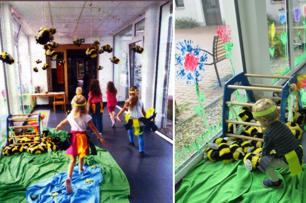 Kinder spielen mit Stoffbienen